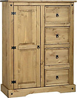 Corona 1 Door 4 Drawer Low Wardrobe - L46 x W110 x H145 cm - Distressed Waxed Pine