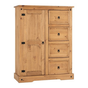 Corona 1 Door 4 Drawer Low Wardrobe - L46 x W110 x H145 cm - Distressed Waxed Pine
