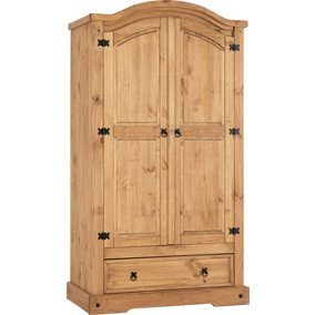 Corona 2 Door 1 Drawer Wardrobe - L56.5 x W103.5 x H189 cm - Distressed Waxed Pine