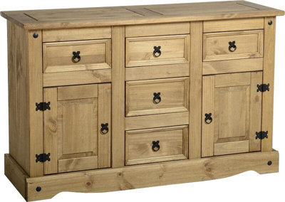 Corona 2 Door 5 Drawer Sideboard in Distressed Waxed Pine