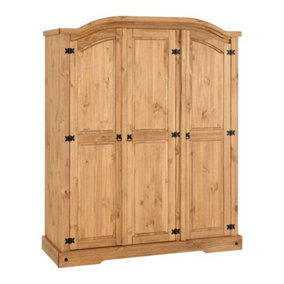 Corona 3 Door Wardrobe - L57 x W151.5 x H187 cm - Distressed Waxed Pine