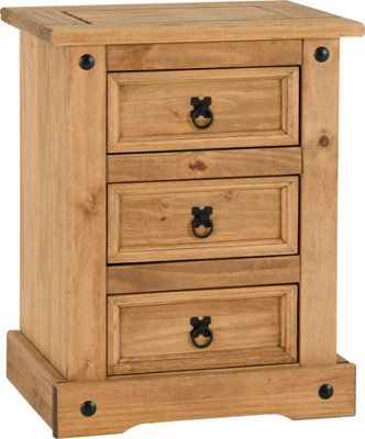 Corona 3 Drawer Bedside Cabinet in Distressed Waxed Pine