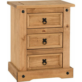 Corona 3 Drawer Bedside Cabinet in Distressed Waxed Pine