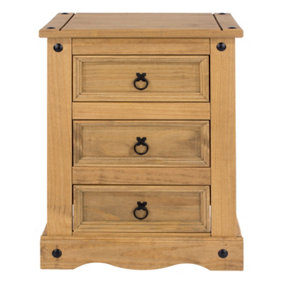 Corona 3 Drawer Bedside Cabinet - Pine - 53 x 38 x 68.5 cm - Antique Waxed Pine