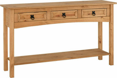 Corona 3 Drawer Console Table With Shelf Distressed Waxed Pine