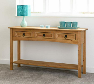 Corona 3 Drawer Console Table With Shelf Distressed Waxed Pine