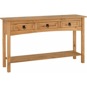 Corona 3 Drawer Console Table With Shelf - L34.5 x W126 x H73 cm - Distressed Waxed Pine