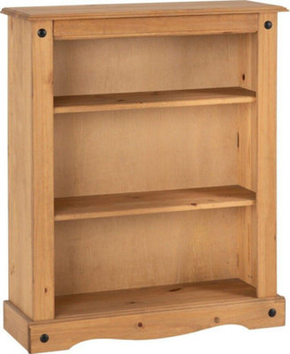 Corona 3 Shelf Low Bookcase in Distressed Waxed Pine Finish