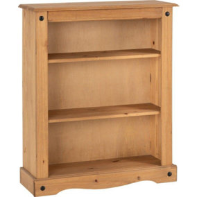 Corona 3 Shelf Low Bookcase in Distressed Waxed Pine Finish