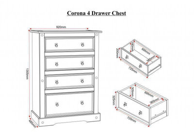 Corona 4 Drawer Chest - L48.5 x W92 x H130.5 cm - Distressed Waxed Pine