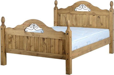 Corona 4ft6 Double Bed High Foot End Scroll Distressed Waxed Pine