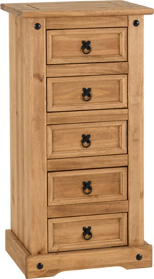 Corona 5 Drawer Narrow Chest of Drawers Distressed Waxed Pine Metal Handles