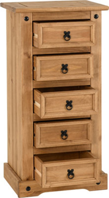 Corona 5 Drawer Narrow Chest of Drawers Distressed Waxed Pine Metal Handles