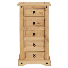 Corona 5 Drawer Narrow Chest of Drawers Tallboy Mexican Solid Pine