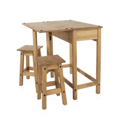 Corona breakfast drop leaf table & 2 stools set, antique waxed pine