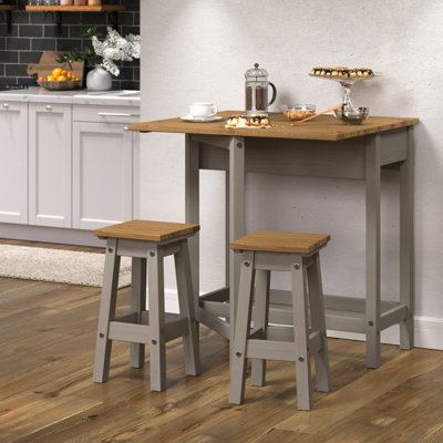 Corona breakfast drop leaf table & 2 stools SET, grey waxed and Antique waxed pine