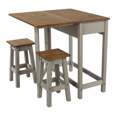 Corona breakfast drop leaf table & 2 stools set, grey waxed pine