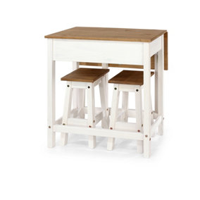 Corona breakfast drop leaf table & 2 stools set, white waxed pine