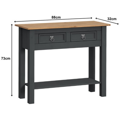 Corona Charcoal 2 Drawer Console Table 1 Shelf Hallway Side Unit Solid Pine with Mexican Styling