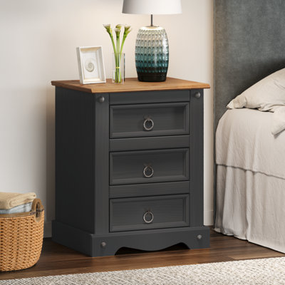 Corona Charcoal Medium 3 Drawer Bedside Chest Table Solid Pine with Mexican Styling
