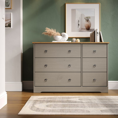 Corona Classic Pine 3 plus 3 Drawer Wide Grey and Antique Wax Chest Of Drawers Storage Unit