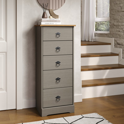 Corona Classic Pine 5 Drawer Narrow Grey and Antique Wax Chest Of Drawers Storage Unit