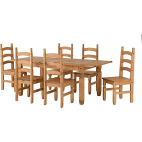 Corona Extending Dining Set(6 Chairs) - Distressed Waxed Pine