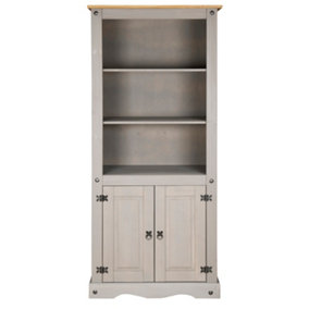Corona Grey Bookcase Pine 2 Door Display Cupboard 3 Book Shelves Distressed Wax