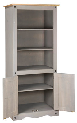Corona Grey Bookcase Pine 2 Door Display Cupboard 3 Book Shelves Distressed Wax