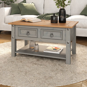 Corona Grey Coffee Table 2 Drawer Mexican Occasional Solid Pine Wood
