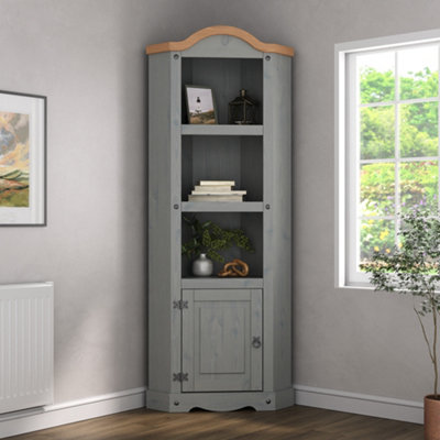 Corona Grey Corner Display Unit Bookcase Pine Cupboard 3 Book Shelves