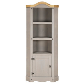 Corona Grey Corner Display Unit Bookcase Pine Cupboard 3 Book Shelves