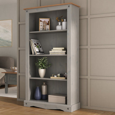 Corona Grey Medium Bookcase 4 Book Shelves Mexican Solid Pine Wood