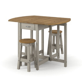 Corona Grey oval breakfast drop leaf gateleg table & 2 stool set, 114.0/50.0cm wide x 89cm deep x 84cm high
