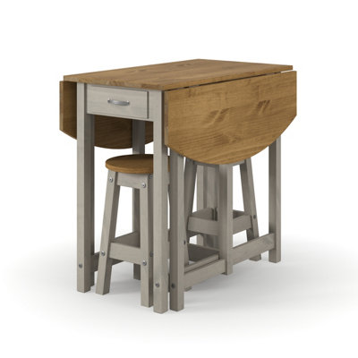 Corona Grey oval breakfast drop leaf gateleg table & 2 stool set, 114.0/50.0cm wide x 89cm deep x 84cm high