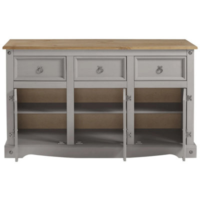 Corona Grey Sideboard 3 Door Solid Pine Mexican 3 Drawer Cupboard