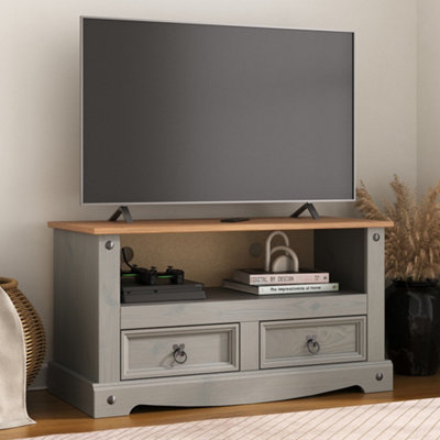 Corona Grey TV Stand 2 Drawer Television Cabinet Solid Wood Pine Unit