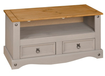 Corona Grey TV Stand 2 Drawer Television Cabinet Solid Wood Pine Unit