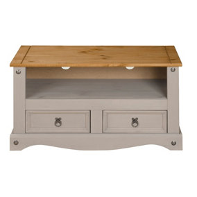 Corona Grey TV Stand 2 Drawer Televsion Cabinet Solid Wood Pine Unit