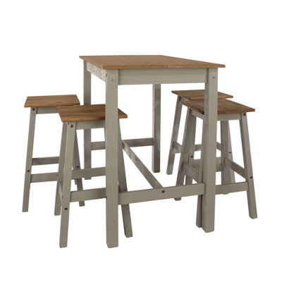Corona linea breakfast table & 4 high stool set, grey waxed pine