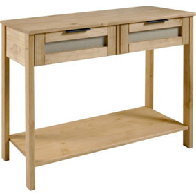 Corona Rattan 2 Drawer Console Table in Distressed Wax Pine and Rattan Effect