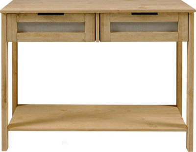 Corona Rattan 2 Drawer Console Table in Distressed Wax Pine and Rattan Effect