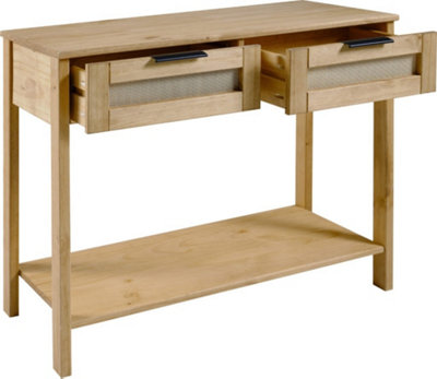Corona Rattan 2 Drawer Console Table in Distressed Wax Pine and Rattan Effect