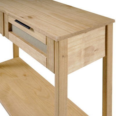 Corona Rattan 2 Drawer Console Table in Distressed Wax Pine and Rattan Effect