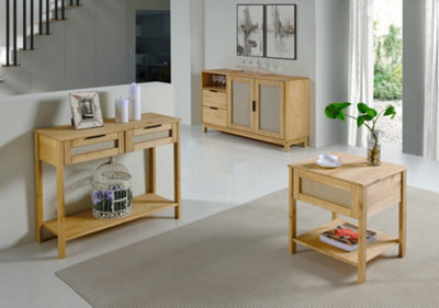 Corona Rattan 2 Drawer Console Table in Distressed Wax Pine and Rattan Effect