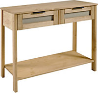 Corona Rattan 2 Drawer Console Table - L35 x W90 x H72 cm - Distressed Wax Pine/Rattan Effect