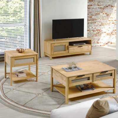 Corona Rattan Side End Lamp Table in Distressed Wax Pine and Rattan Effect