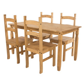 Corona rectangular dining table & 4 chair set, antique waxed pine