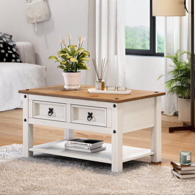 Corona White 2 Drawer 1 Shelf Coffee Table Solid Pine with Mexican Styling