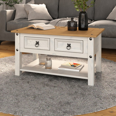 Corona White 2 Drawer Coffee Table Mexican Solid Pine Wood